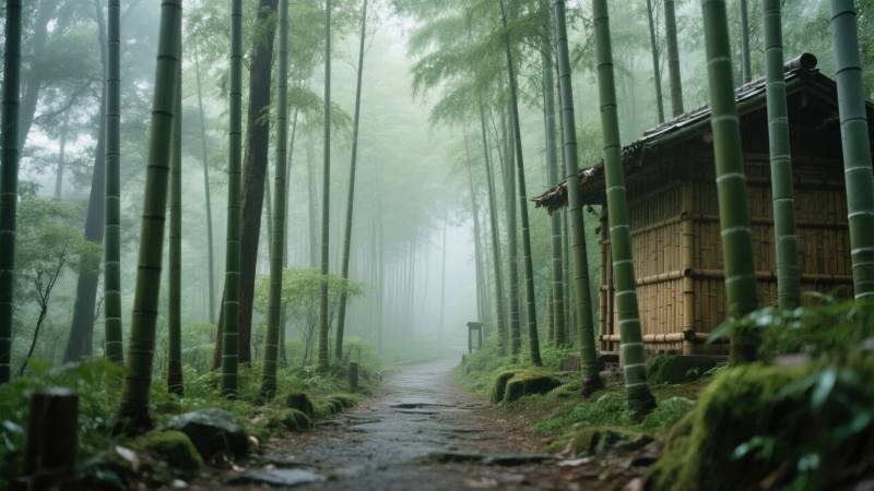 竹林幽径 雾中古屋图片