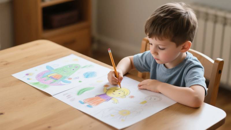 小男孩认真涂色图片