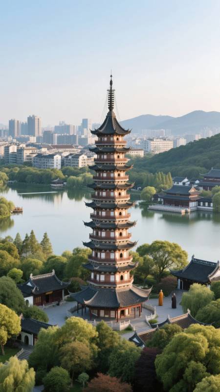 古塔映湖城图片