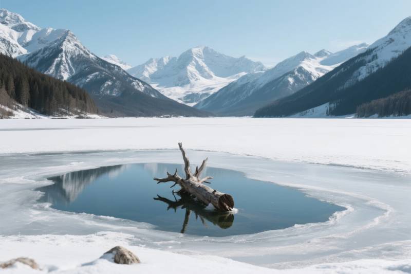 冰湖孤木映雪山图片