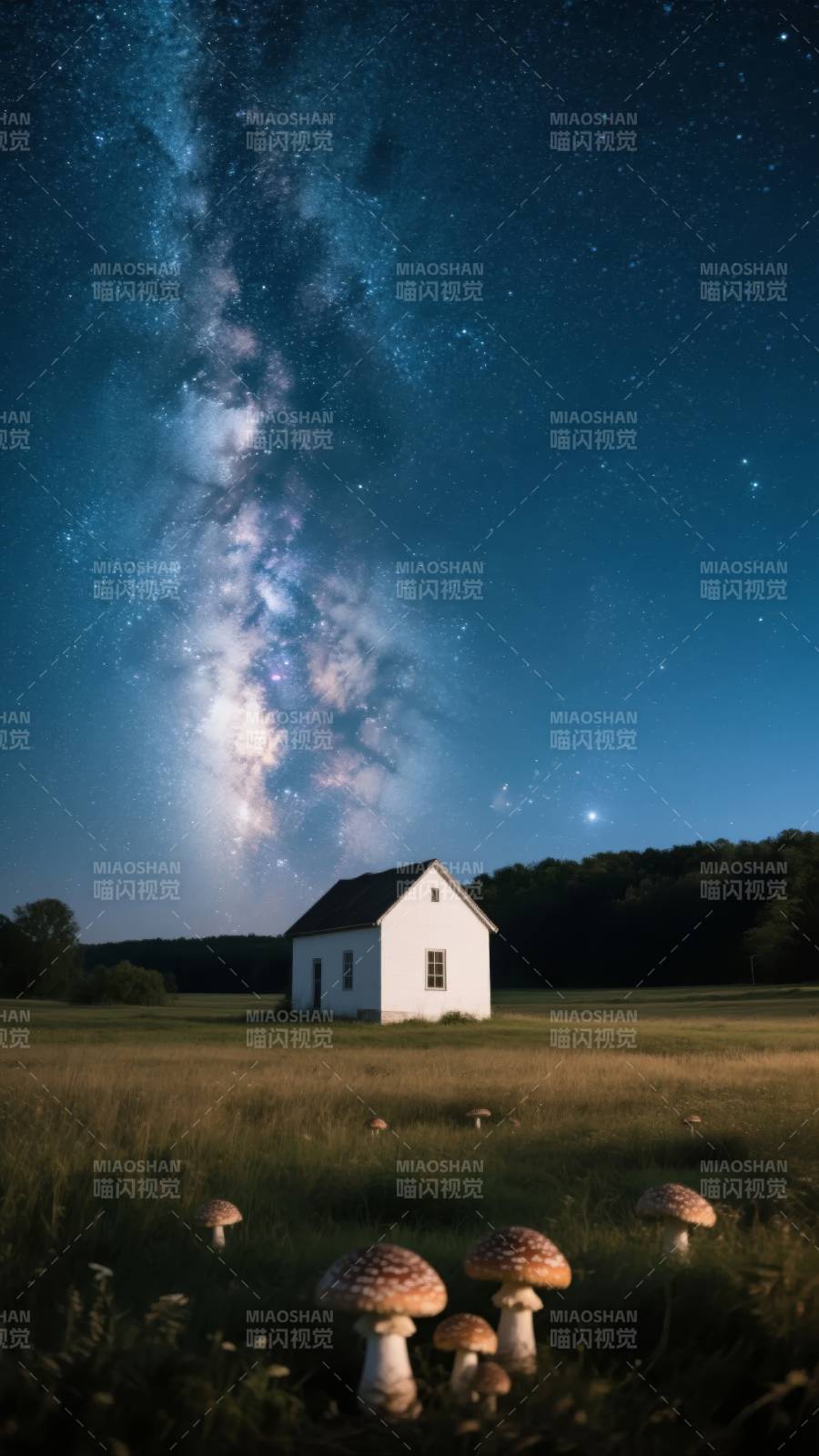 星夜小屋与蘑菇图片