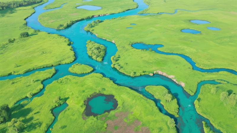 碧水蜿蜒绿野间图片