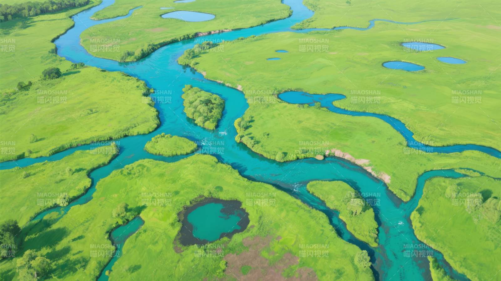 碧水蜿蜒绿野间图片