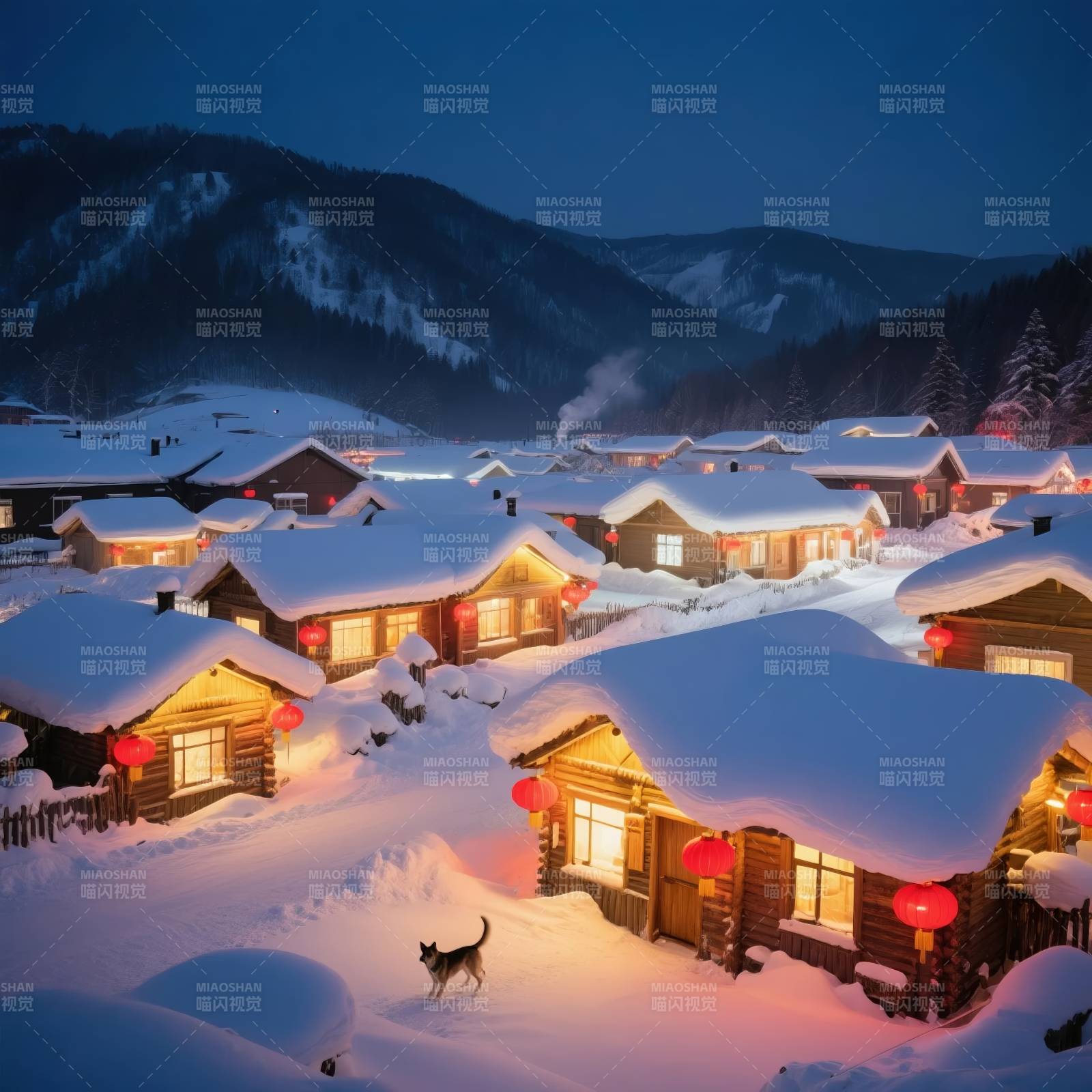 雪夜小屋灯火暖图片