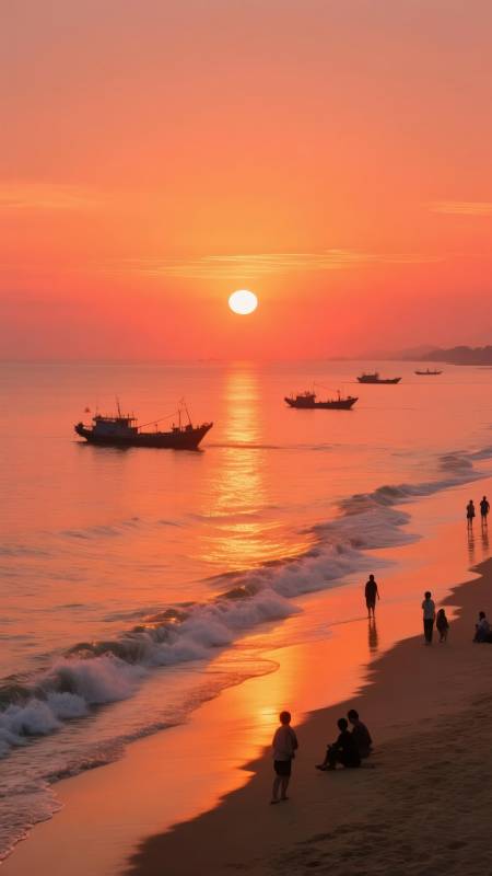 夕阳下的海滩剪影图片