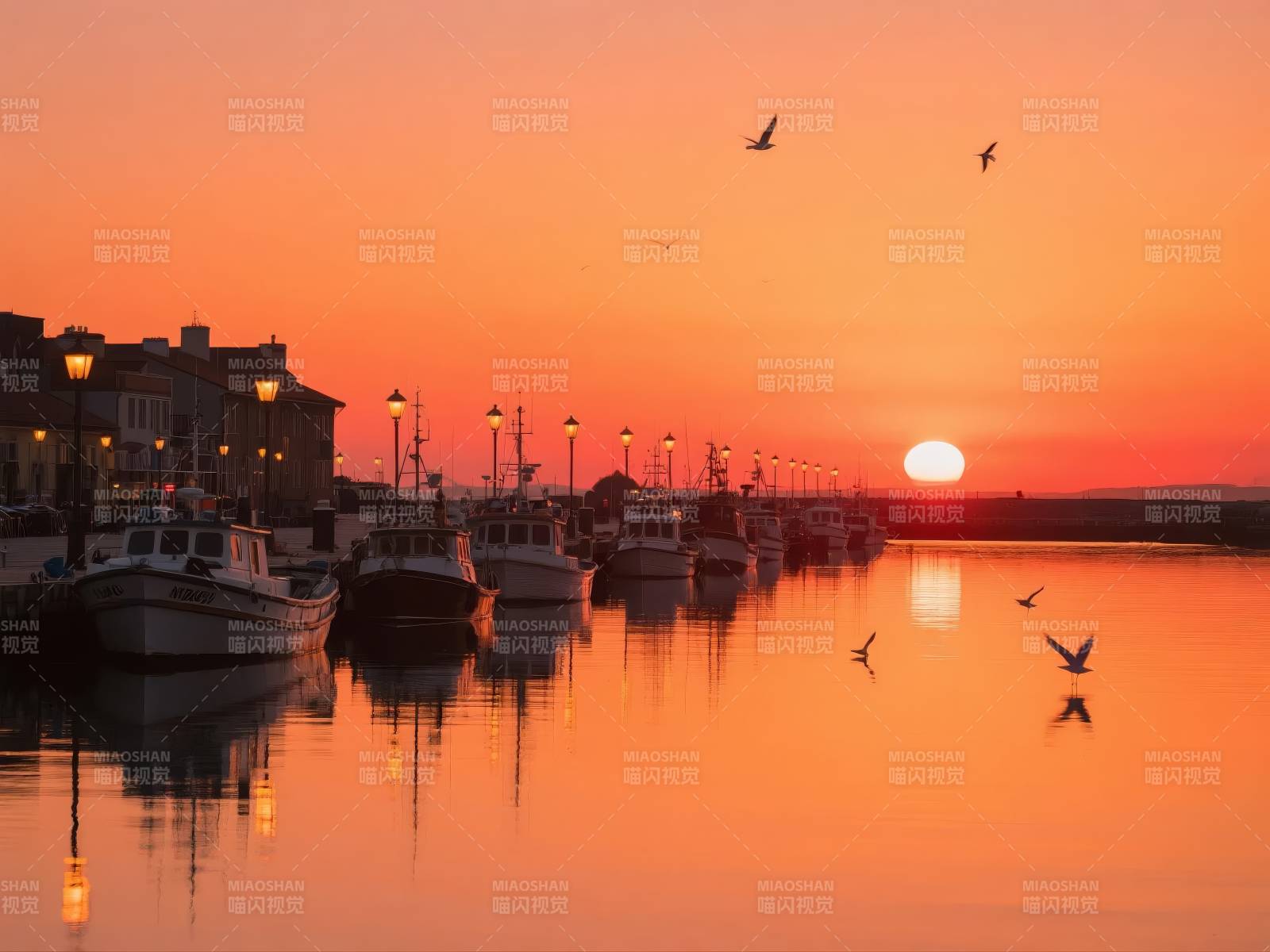 夕阳下的港口美景图片