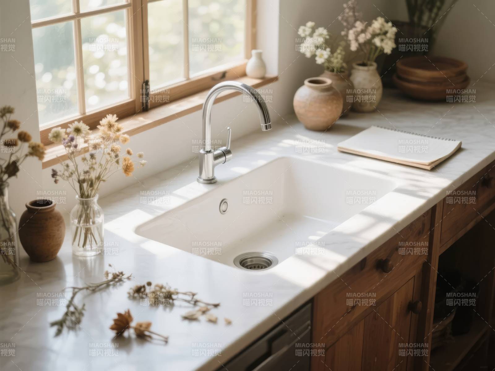 窗边厨房水槽静景图片