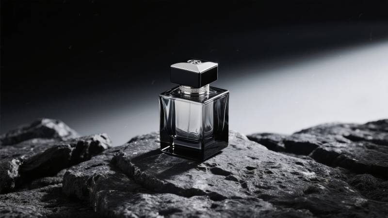 香水瓶静置岩石上图片