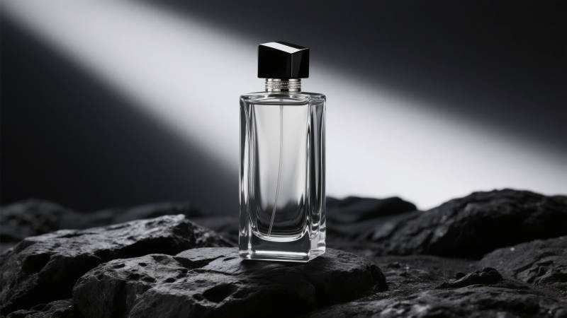 香水瓶静置于岩石上图片