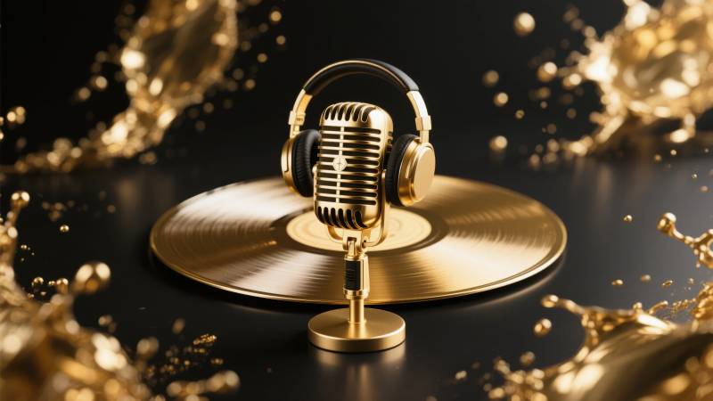 金色唱片与麦克风图片