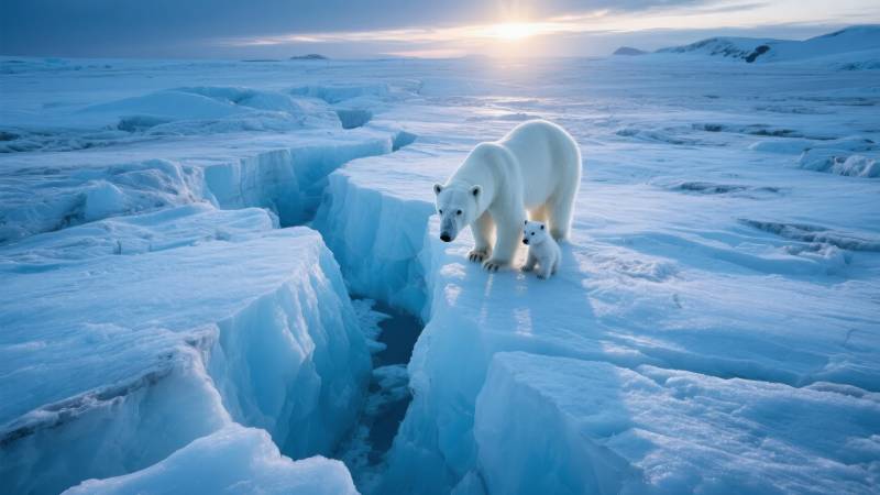 北极熊母子冰原行图片