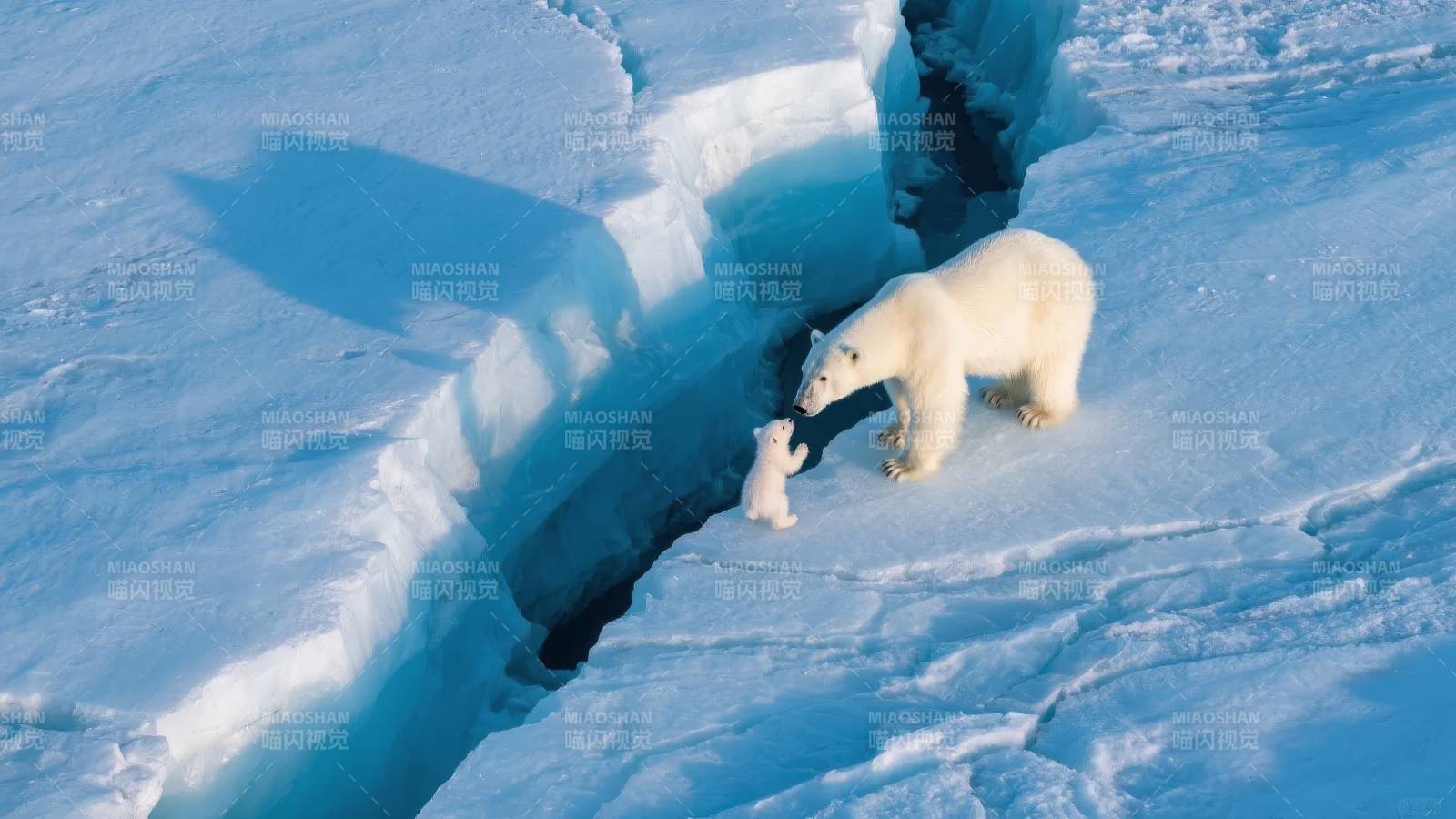 北极熊母子冰上同行图片