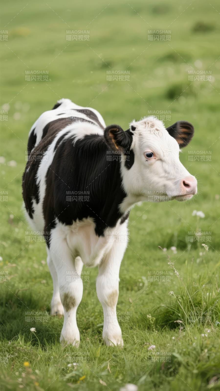 黑白小牛草地上图片