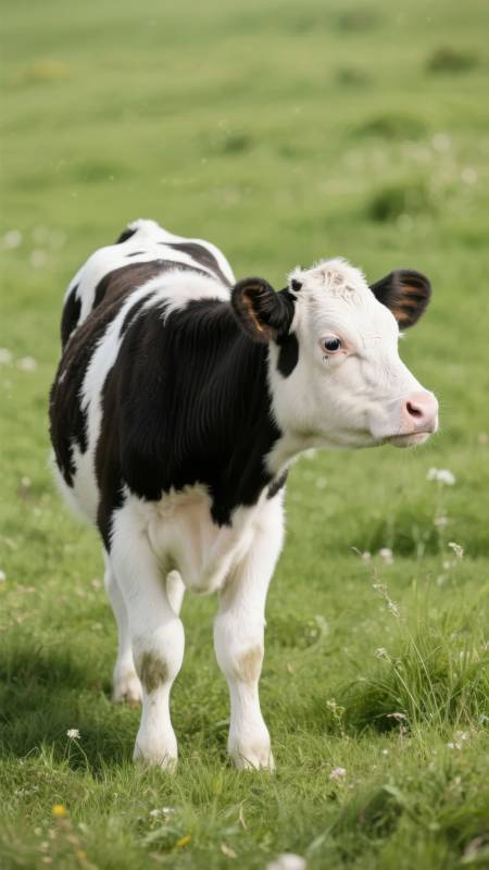 黑白小牛草地上图片