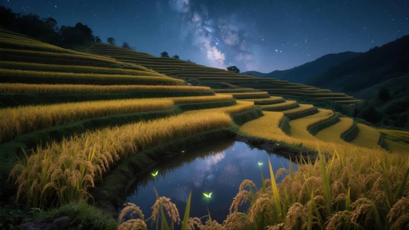 梯田夜色 星河倒影图片