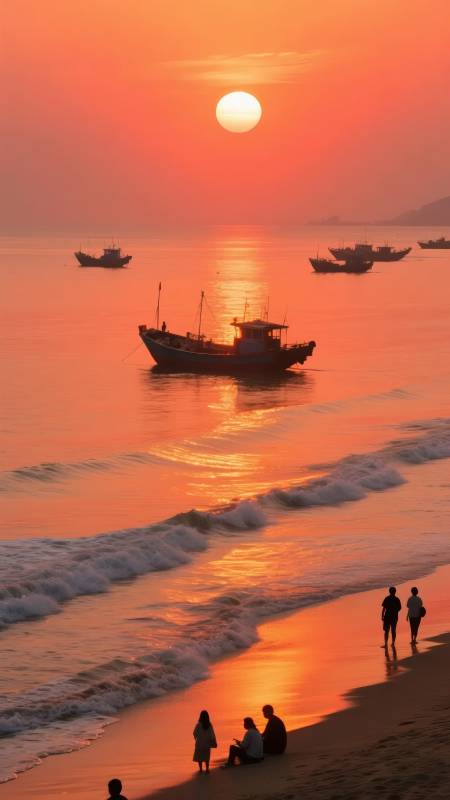 夕阳下的海滩剪影图片
