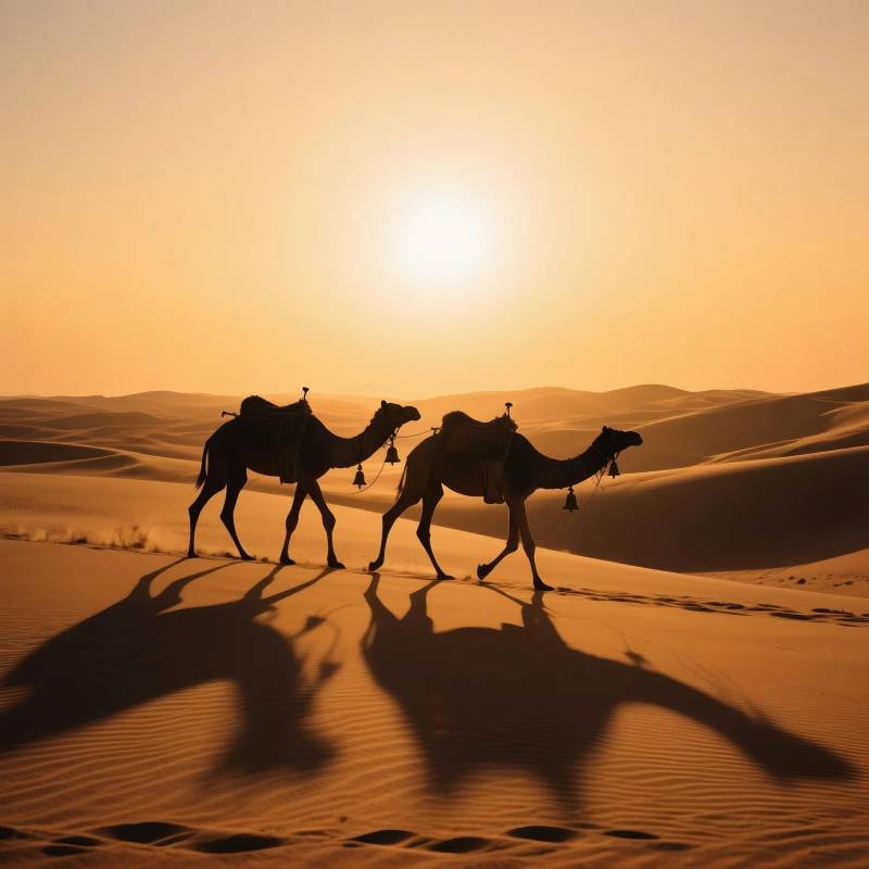 沙漠驼影夕阳图片