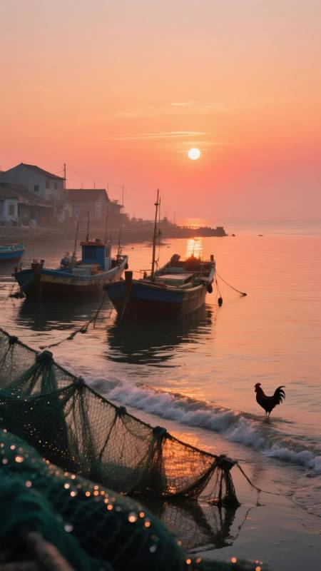 渔港晨曦鸡鸣图片