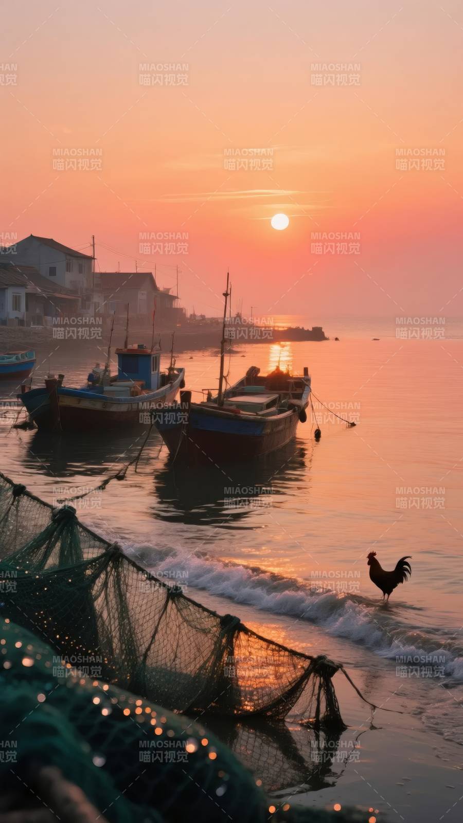 渔港晨曦鸡鸣图片