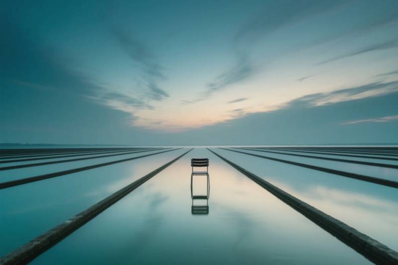 静水孤椅映天际图片