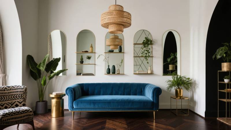 蓝绒沙发客厅布置图片