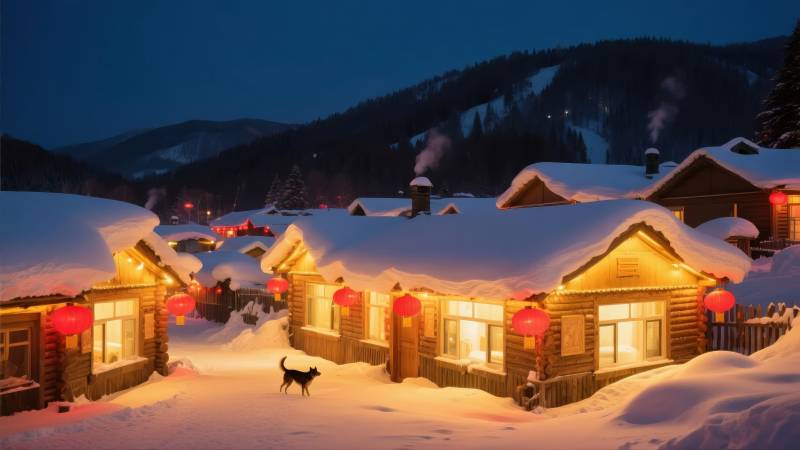 雪夜小屋灯火温馨图片