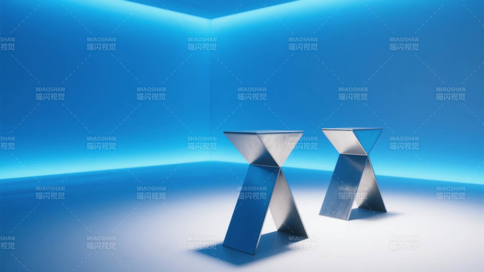 蓝色空间中的几何桌图片