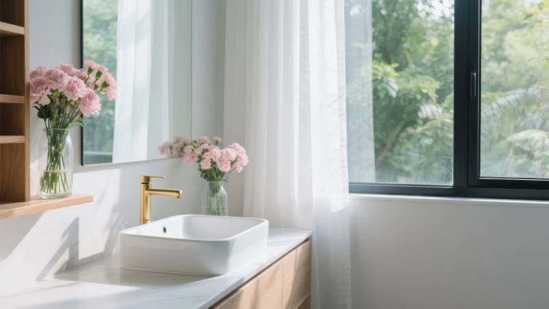 明亮浴室窗边花景图片