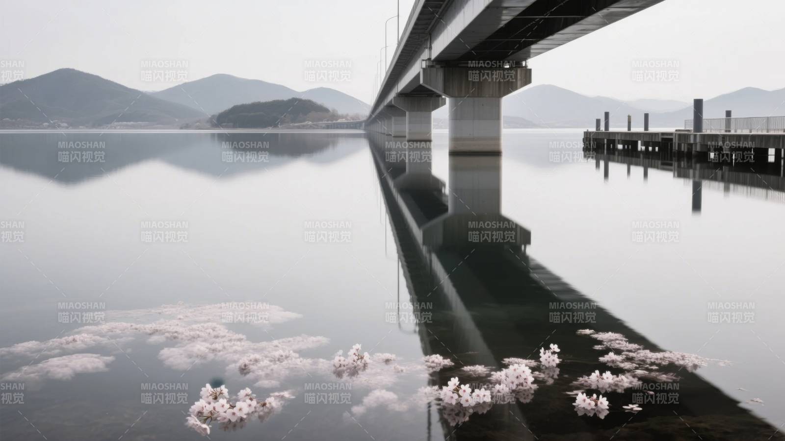 桥影花浮湖面图片