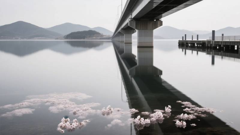 桥影花浮湖面图片