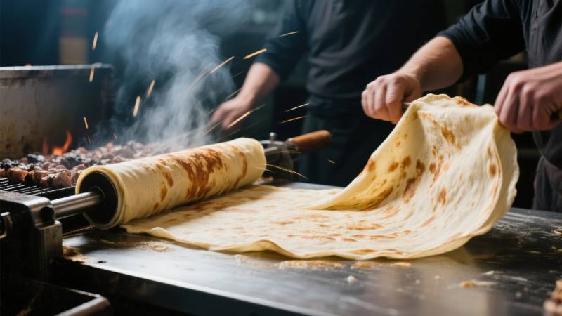 烤饼卷肉香四溢图片