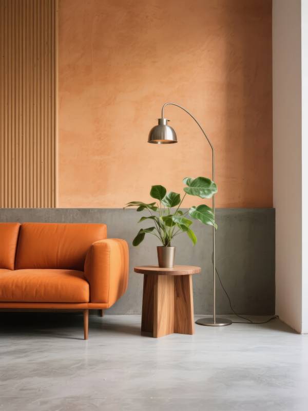 橙色沙发与绿植角落图片