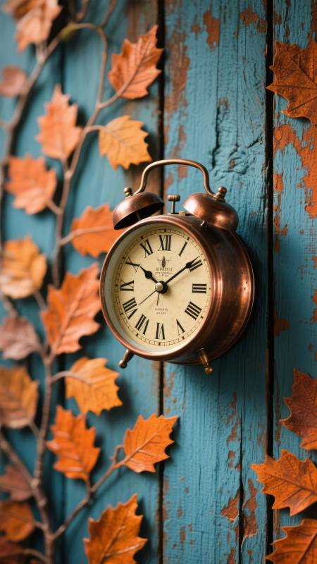 秋叶时钟静谧时光图片