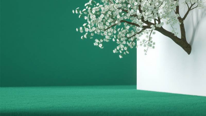 绿墙白花枝影图片