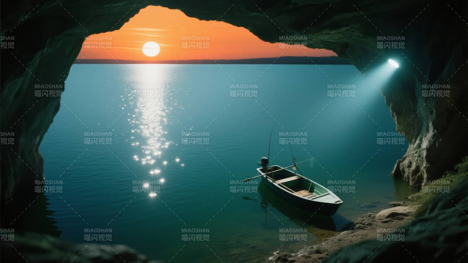 洞中日落舟影图片