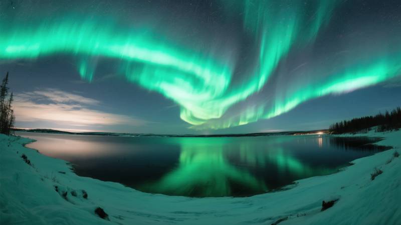 极光映雪湖图片