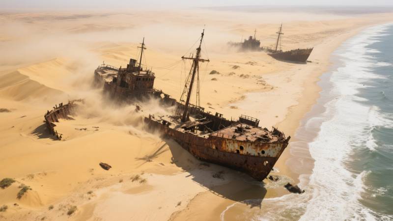 沙漠中的沉船残骸图片