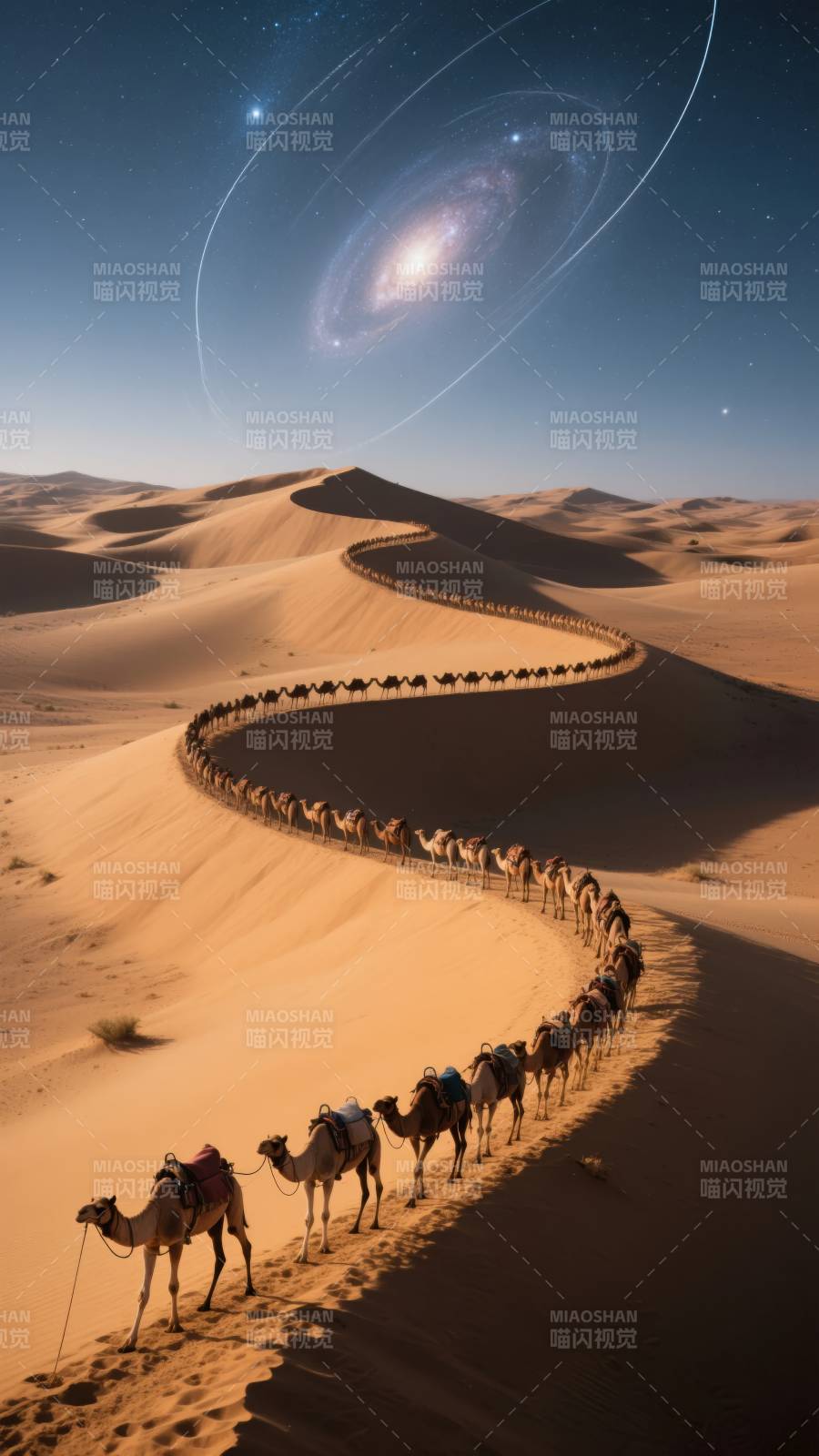 沙漠驼队星河夜图片