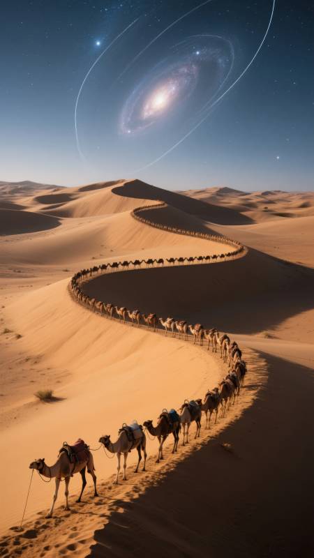 沙漠驼队星河夜图片