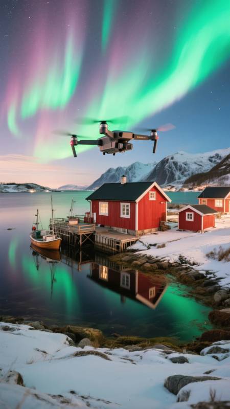 极光下的雪屋与无人机图片