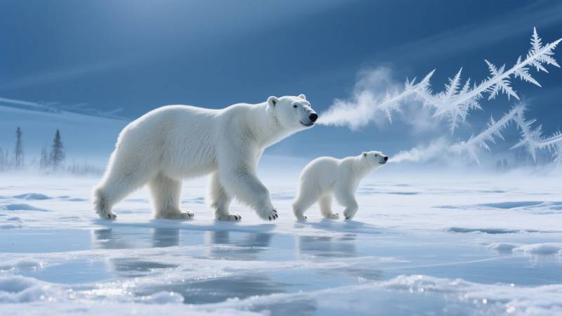 北极熊母子雪原行图片