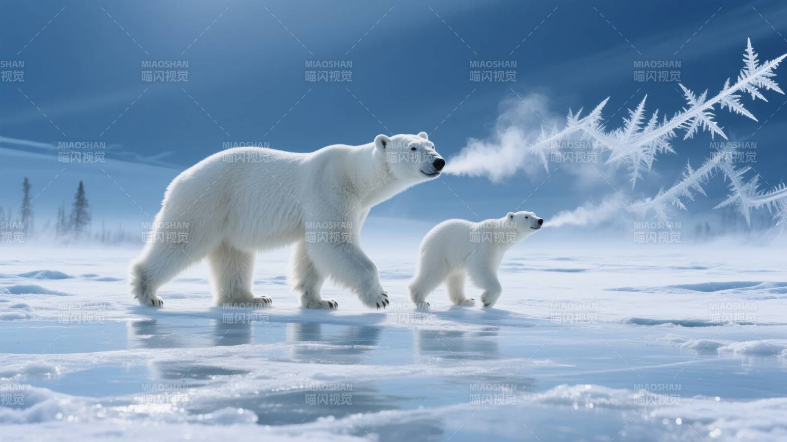 北极熊母子雪原行图片