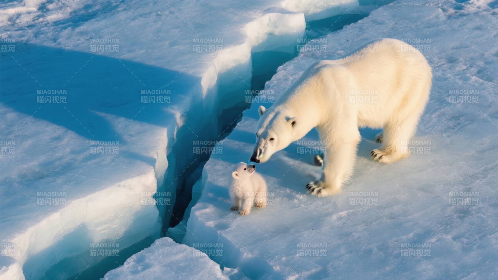 北极熊母子冰上同行图片