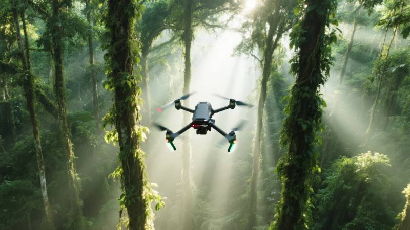 无人机穿行森林图片