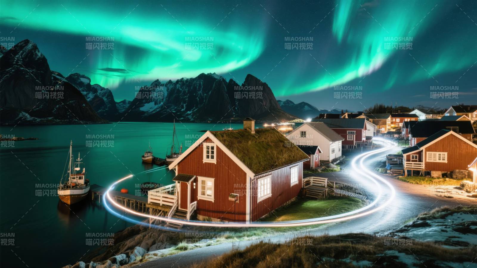 极光下的渔村夜景图片