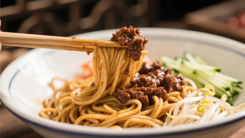 拌面配肉酱和蔬菜图片