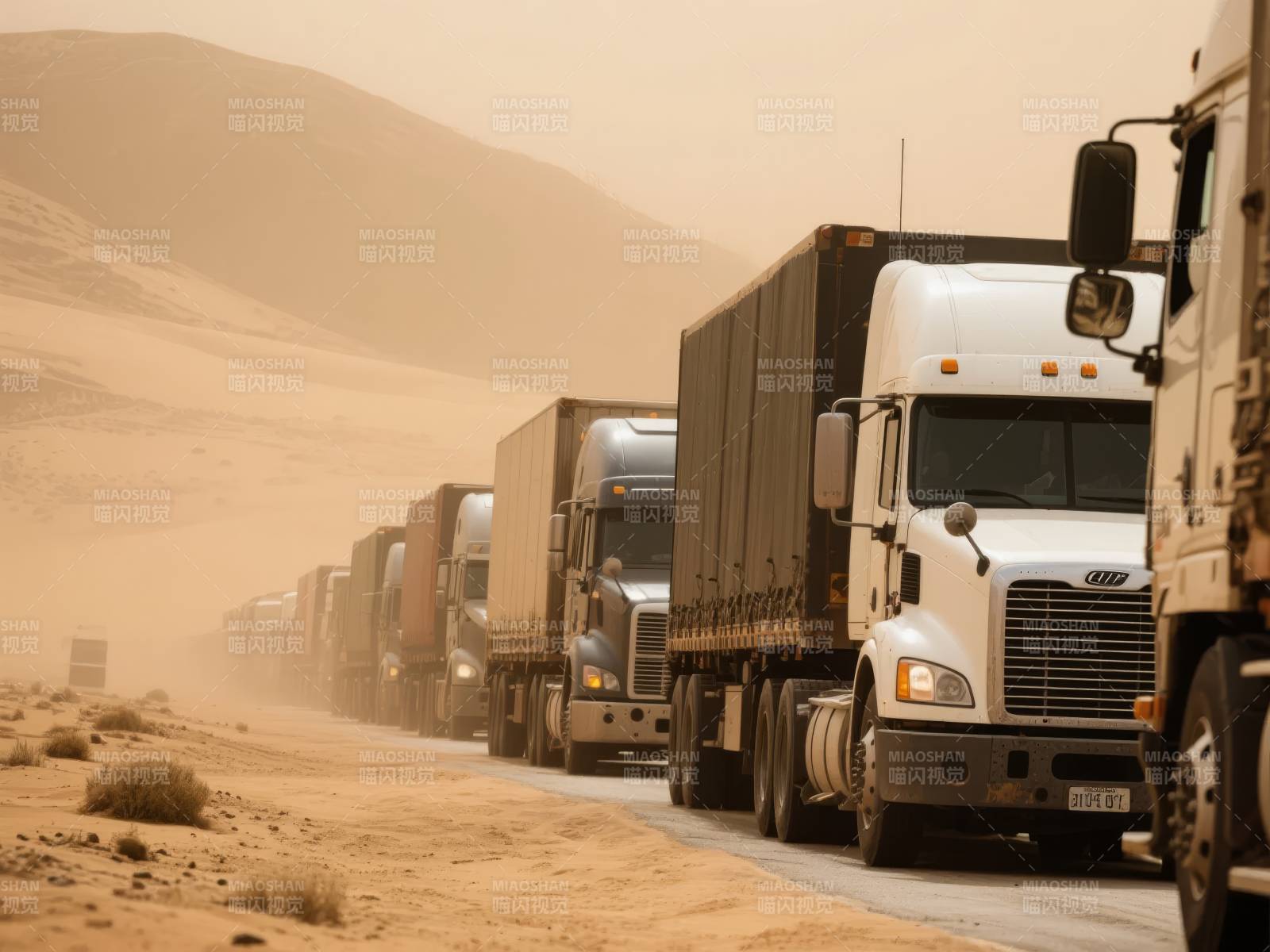 沙漠中的卡车车队图片