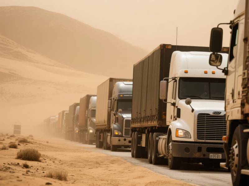 沙漠中的卡车车队图片