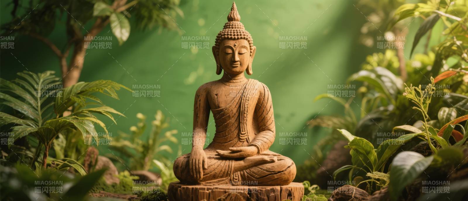 禅意佛像静坐绿植中图片