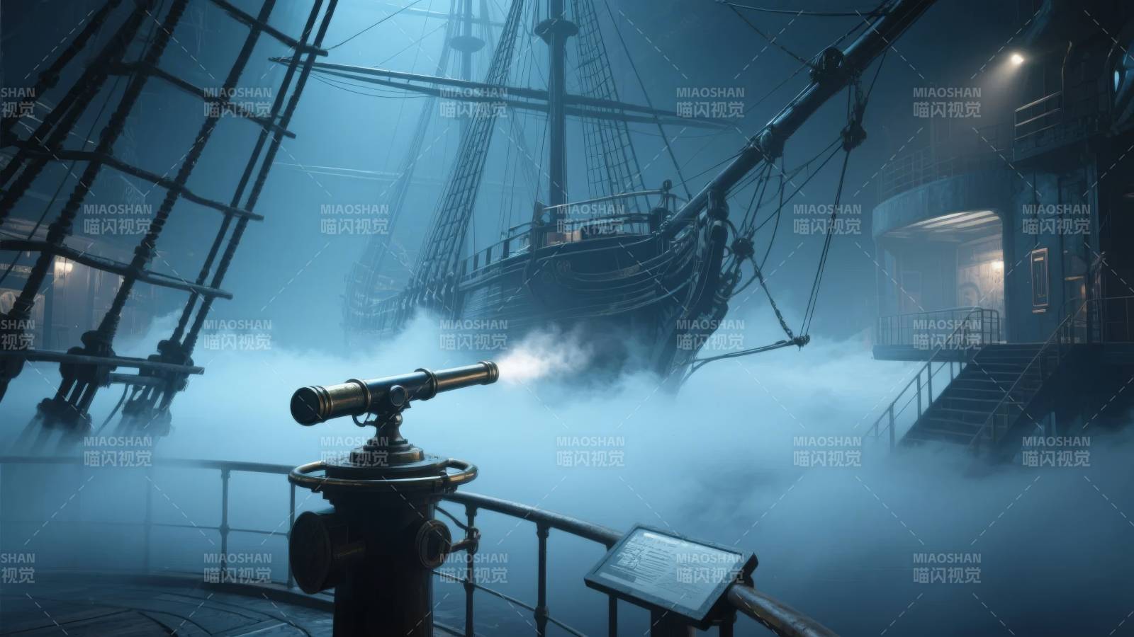 雾中古船夜景图片